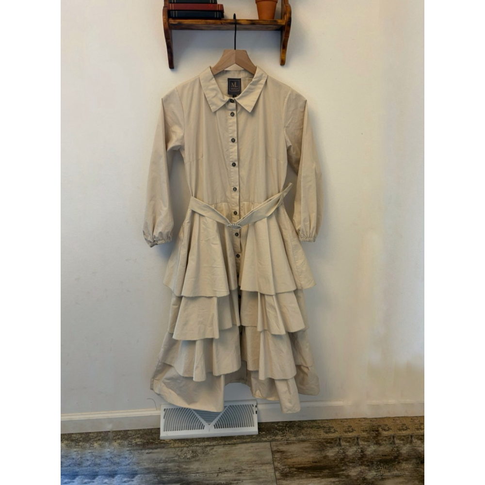 HT Mila Tiered Shirt Dress Cream Belted Midi Maxi Small